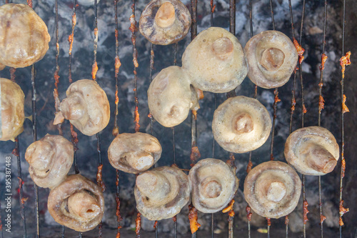 Pickled mushrooms are cooked on the grill on coals
