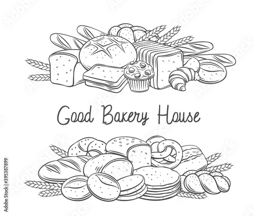 Breads baked products banner with lettering, vector hand drawn outline monochrome illustration for bakery advertisement