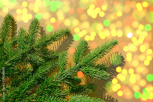 Christmas fir branches on a golden background of blurry colorful lights with space for text. Template for a postcard  a poster.