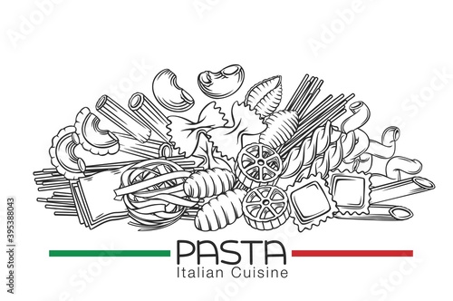Italian pasta types, hand drawn outline vector isolated on white illustration with lettering for macaroni wrapping