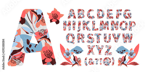 Vector floral alphabet from A to Z. Letters with flowers. Capital characters. Botanical monogram. Pink, blue, chocolate color flowers, buds, twigs, leaves in the shape of a bold letter. 