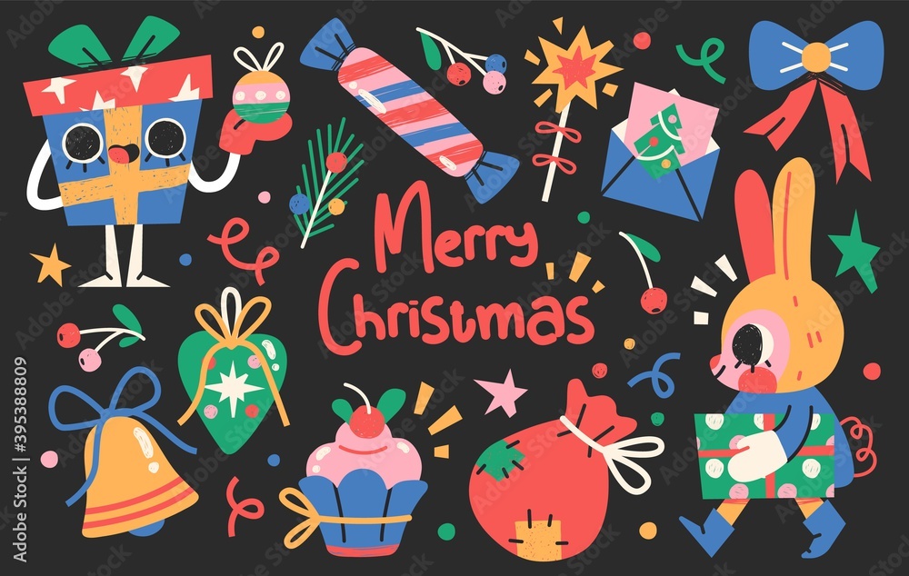 Naklejka premium Set of Cute Merry Christmas and Happy New Year Illustrations or stickers. Festive christmas characters and objects. Vector