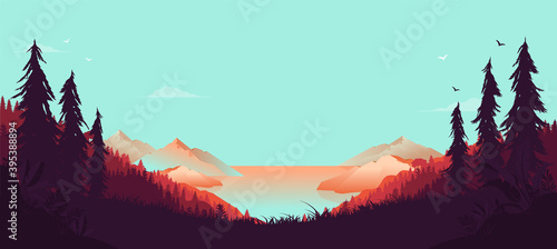 Landscape and sea vector illustration in orange and teal colours. Background with copy space for text.
