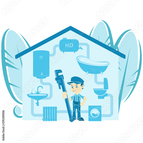 Plumber with wrench and plumbing fixtures with pipes design