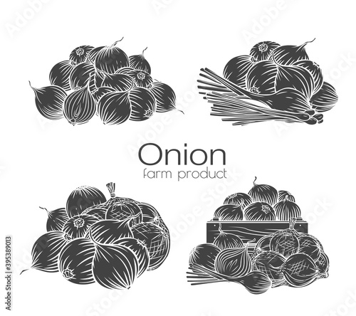 Onion bulbs glyph outline hand drawn engraved monochrome vector illustration set white on black for ad farm products