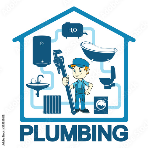 Plumber with wrench, plumbing fixtures and pipe system at home