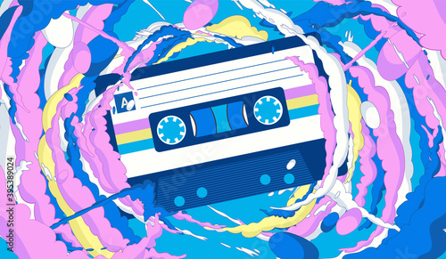 Cassette tape in abstract smoke - Colourful vector pop art illustration.