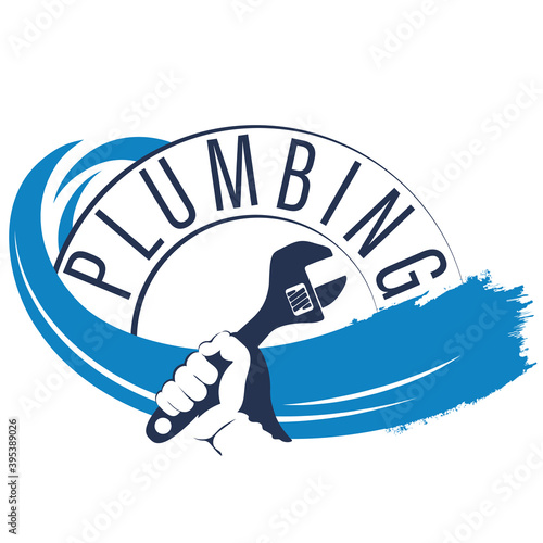 Plumbing repair and service symbol wrench in plumber hand