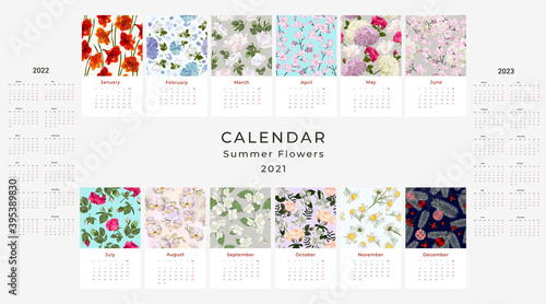 2021, 2022, 2022 calendar template. Realistic  botanical Calendar design. Set of 12 months.