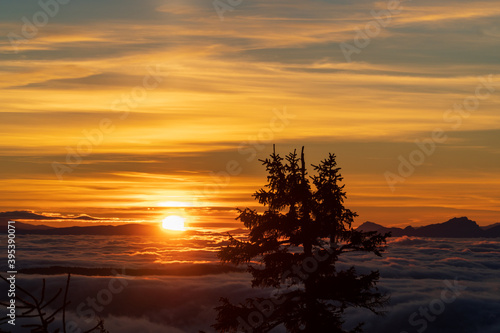 Inversion in the valley during sunrise with mountain ridge in the background  Beskydy   Czech Republic.