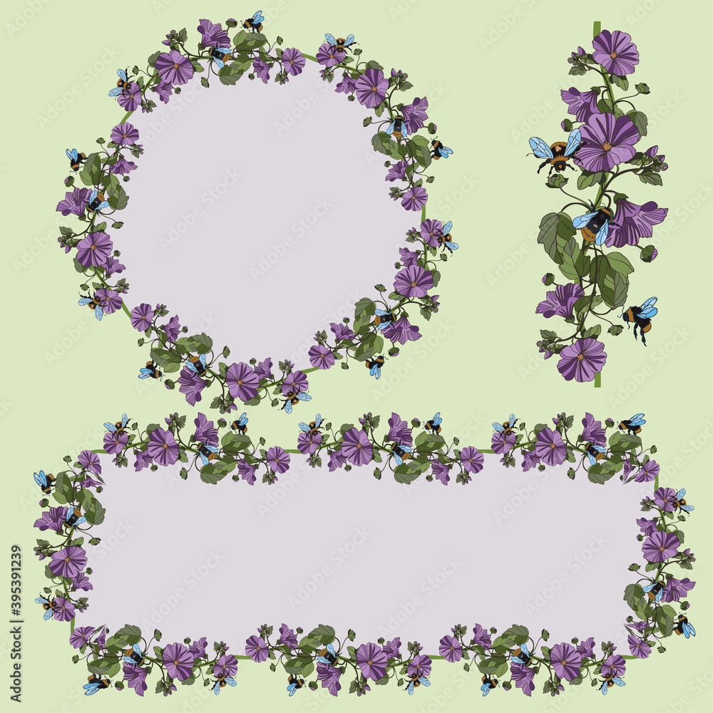 Botanical illustration of a frame with elements of the plant, the bindweed and bumblebees
