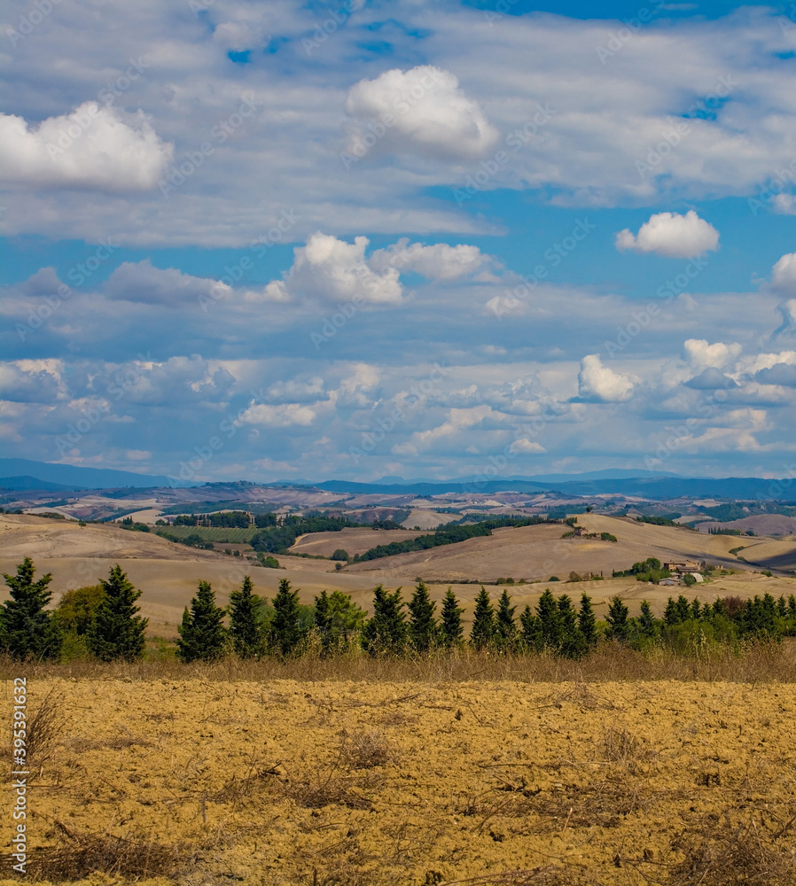 The brown late summer landscape around the historic village of Murlo, Siena Province, Tuscany, Italy
