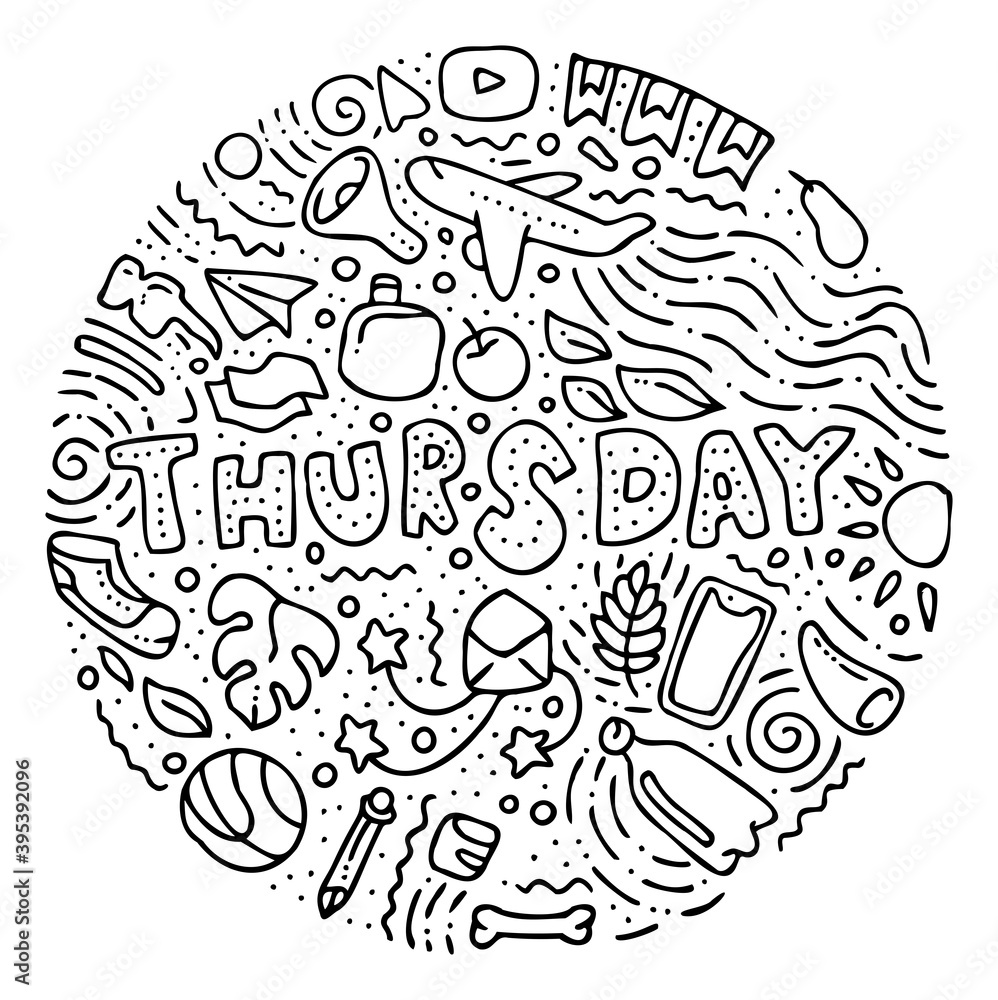 Round sticker in doodle style with names of days of week for notebooks, posters, notebooks and books. Thursday