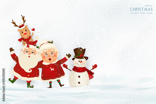 Merry Christmas. Happy new year. Santa Claus with Mrs. Claus, Reindeer, snowman in Christmas snow scene winter landscape. Mrs. Claus Together. Vector cartoon character of Santa Claus
