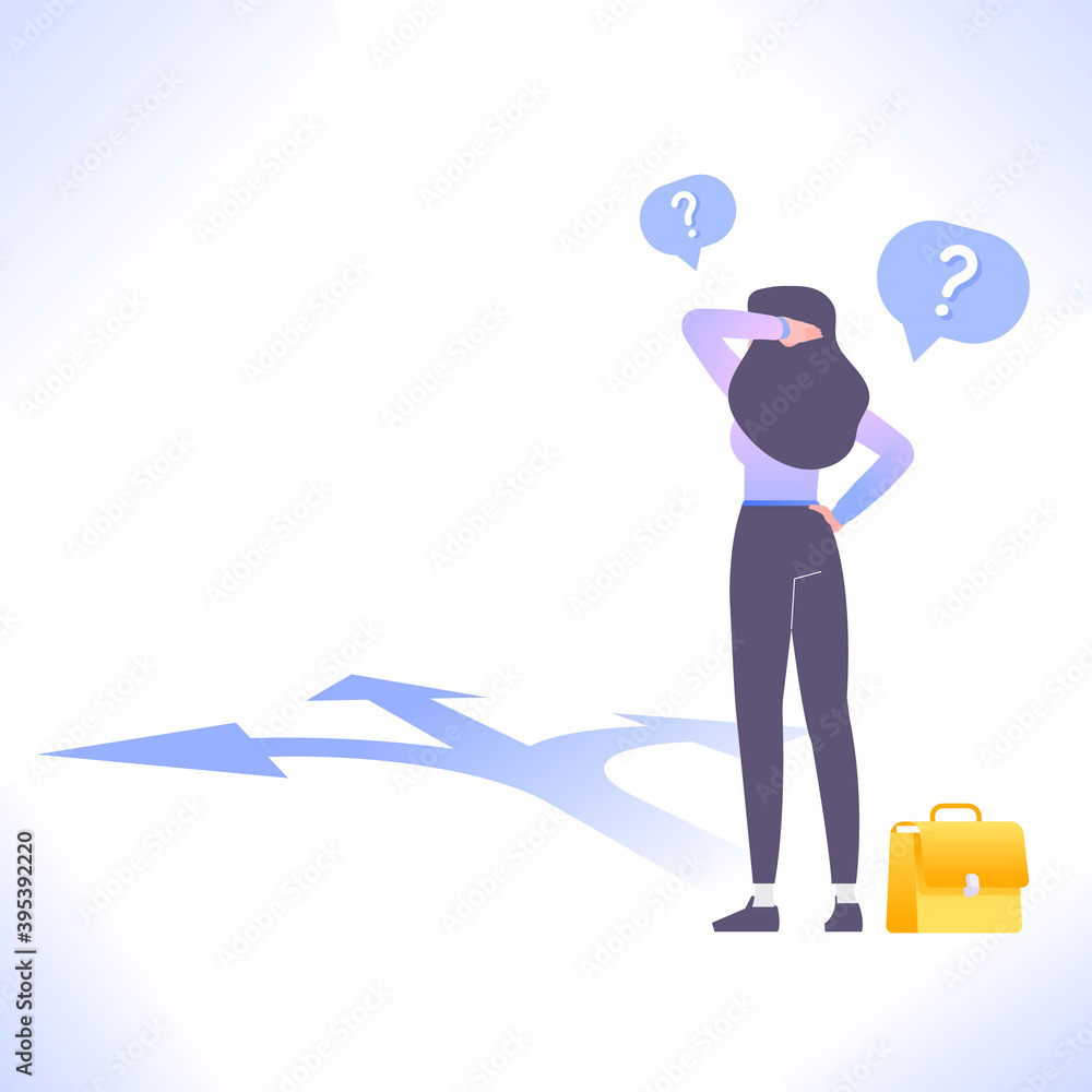 Making decision concept. Confused woman standing on crossroads and making difficult choice, decide direction vector illustration - obrazy, fototapety, plakaty 