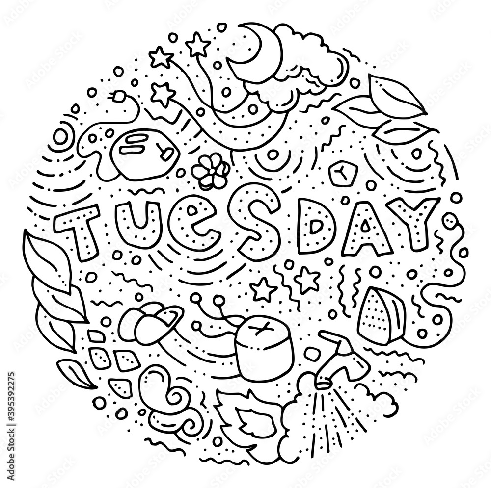 Round sticker in doodle style with names of days of week for notebooks, posters, notebooks and books. Tuesday