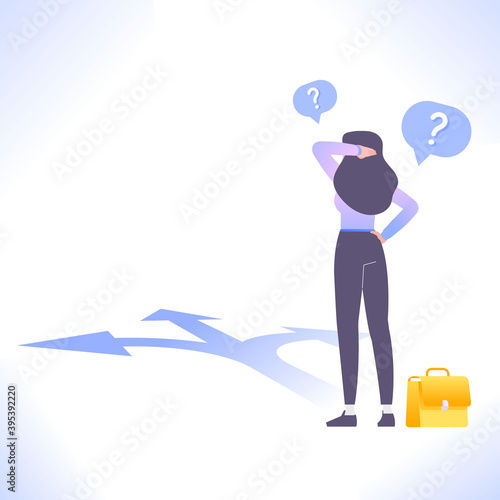 Making decision concept. Confused woman standing on crossroads and making difficult choice, decide direction vector illustration