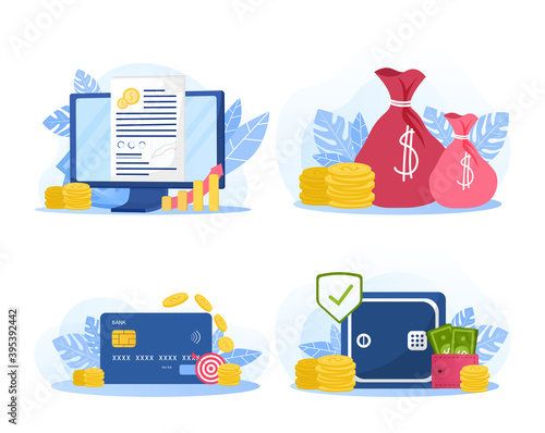 Set of business illustrations. Concept of business planning, investing and setting goals to earn money and grow financially. Flat vector illustration