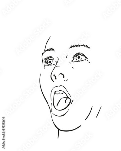 Woman emotion Vector sketch, Young female is looking up and feeling surprisingly scared with open mouth, Hand drawn portrait illustration black and white graphics