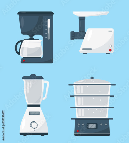House kitchen appliances on blue background.