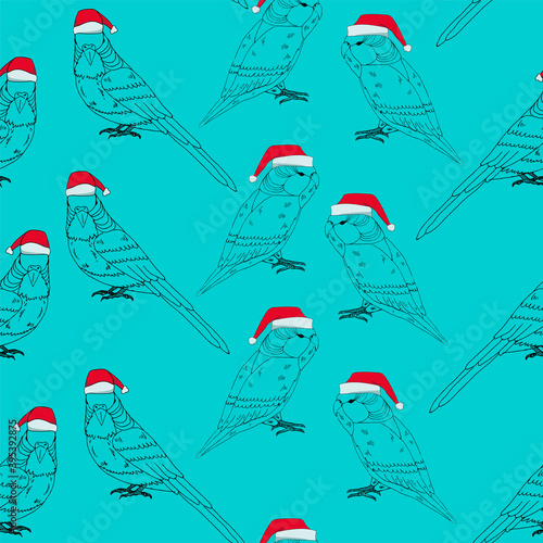 Seamless christmas pattern blue background with outlines parrot with red hat and christmas holly 