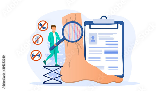 Vein thrombosis and varicose treatment abstract concept. Doctor character stand on ladder with magnifier looking at foot with diseased veins. Health Care, Podiatry. Flat cartoon vector illustration