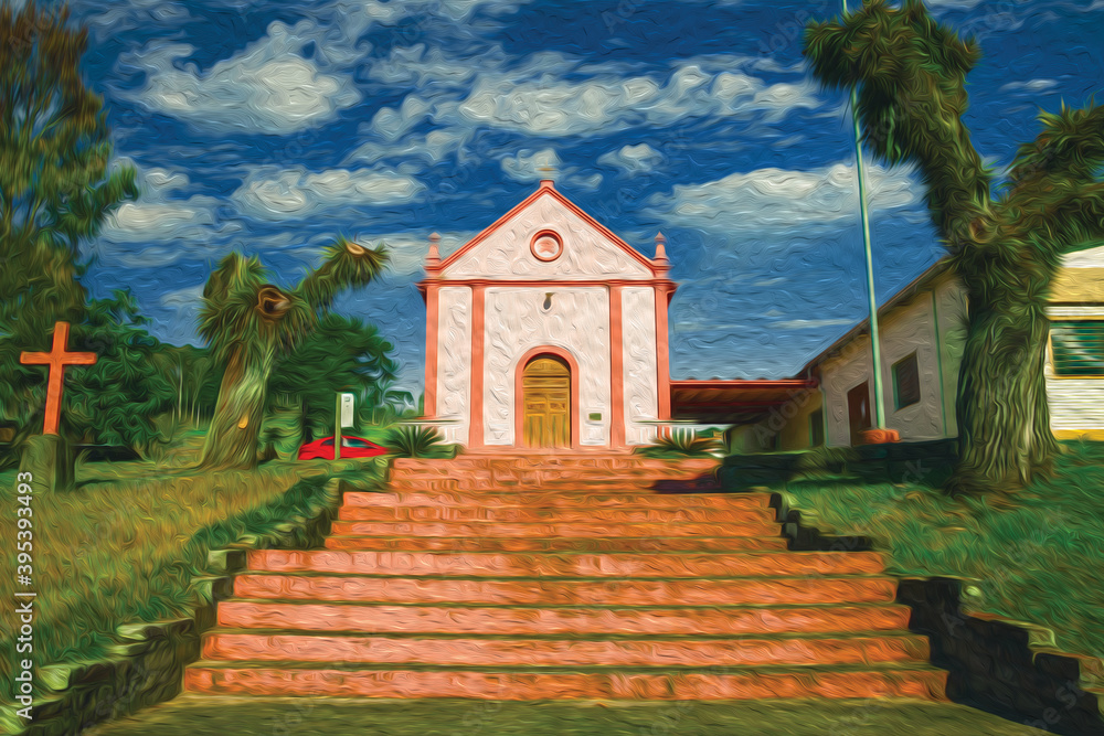 Long stairway leading towards the facade of the Chapel St. Peter of the Stone Paths near Bento Goncalves. A friendly country town in southern Brazil famous for its wine production. Oil Paint filter.