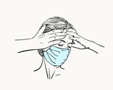 Sketch of young woman portrait in medical face mask has headache holding hands on her head temples, coronavirus pandemic depression problem suffering, Hand drawn vector linear illustration isolated