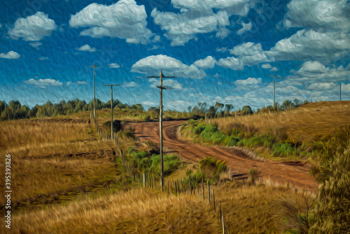Deserted dirt road in a rural lowlands called Pampas with green hills and trees near Cambara do Sul. A small country town in southern Brazil with amazing natural tourist attractions. Oil Paint filter.