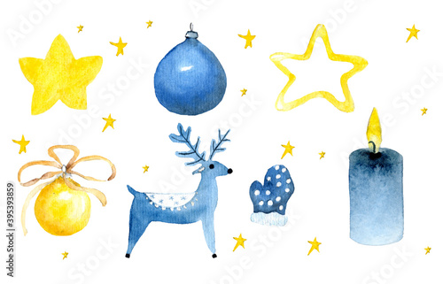 Watercolor hand drawn aquarelle greeting set with Christmas tree toys