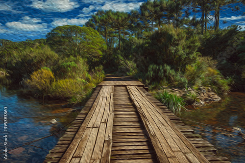 Fototapeta Naklejka Na Ścianę i Meble -  Wooden bridge over creek in a forest at the Aparados da Serra National Park near Cambara do Sul. A small country town in southern Brazil with amazing natural tourist attractions. Oil Paint filter.