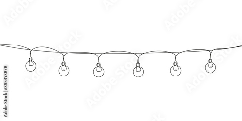 Christmas garland light bulbs Continuous one line drawing, Vector minimalist linear illustration made of thin single line, New Year and Merry Christmas decoration