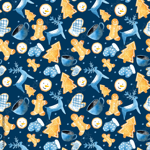 Watercolor seamless hand drawn aquarelle greeting pattern with deer and gingerbread cookies