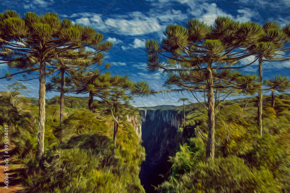Itaimbezinho Canyon with steep rocky cliffs covered by forest and pine trees near Cambara do Sul. A small country town in southern Brazil with amazing natural tourist attractions. Oil Paint filter.