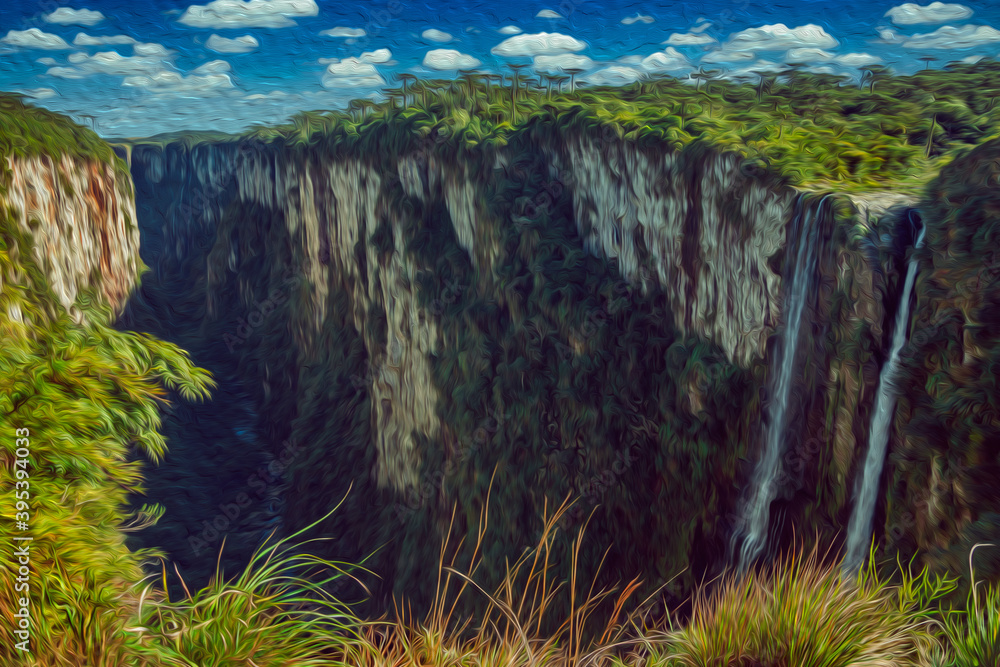 Itaimbezinho Canyon and waterfalls on steep rocky cliffs covered by forest near Cambara do Sul. A small country town in southern Brazil with amazing natural tourist attractions. Oil Paint filter.
