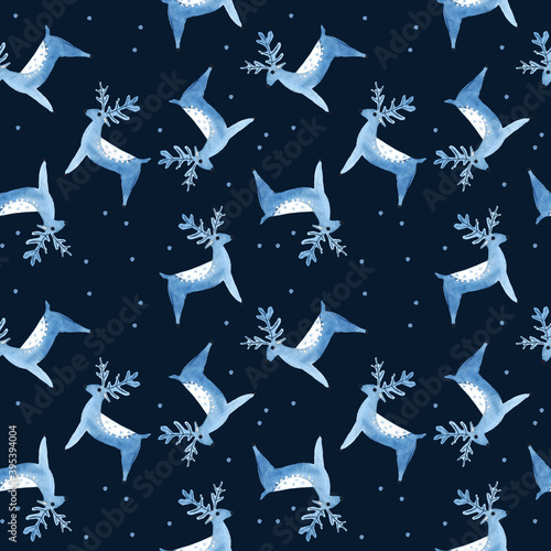 Watercolor seamless hand drawn aquarelle greeting pattern with deer