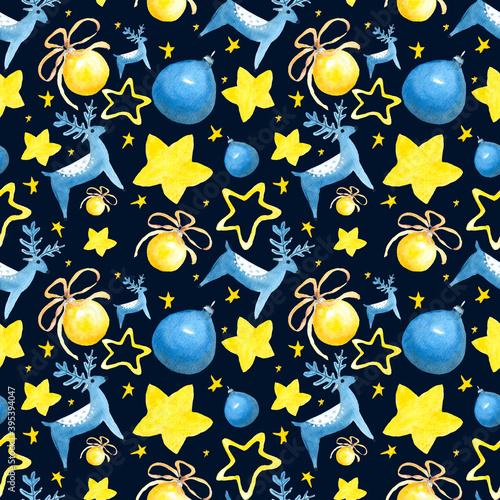 Watercolor seamless hand drawn aquarelle greeting pattern with deer and Christmas tree toys