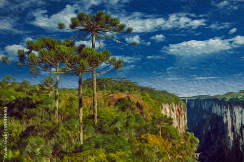 Itaimbezinho Canyon with steep rocky cliffs covered by forest and pine trees near Cambara do Sul. A small country town in southern Brazil with amazing natural tourist attractions. Oil Paint filter.