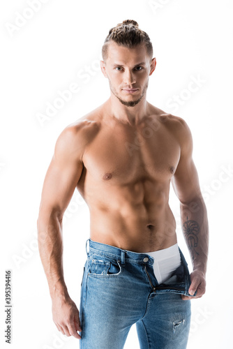  shirtless man in jeans posing isolated on white
