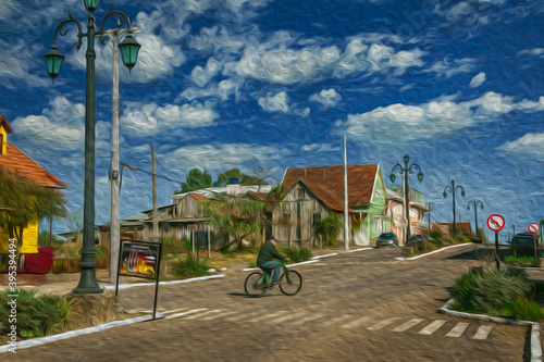 Flamboyant light poles and cyclist pedaling on the Getulio Vargas, the main street of Cambara do Sul. A small rural town in southern Brazil with amazing natural tourist attractions. Oil Paint filter.