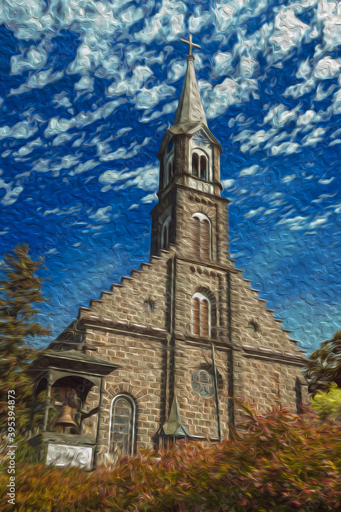 Church facade made of stone with steeple and bell in a leafy garden with sunny day at Gramado. A cute european-influenced town in southern Brazil highly sought after by tourists. Oil Paint filter.