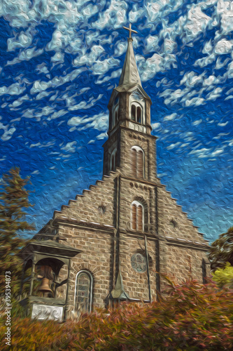 Church facade made of stone with steeple and bell in a leafy garden with sunny day at Gramado. A cute european-influenced town in southern Brazil highly sought after by tourists. Oil Paint filter.