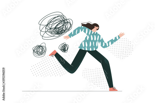 Panic attack, fear, anxiety, scared lady. Girl runs away from her phobias. Mental health, wellbeing or disorder. Woman with symptoms of a nervous breakdown simple flat vector abstract illustration 
