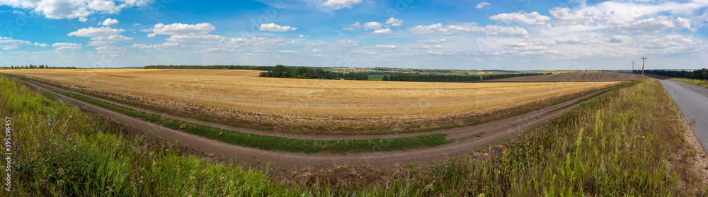 panoramic view of rural landscape with harvested fields and clouds