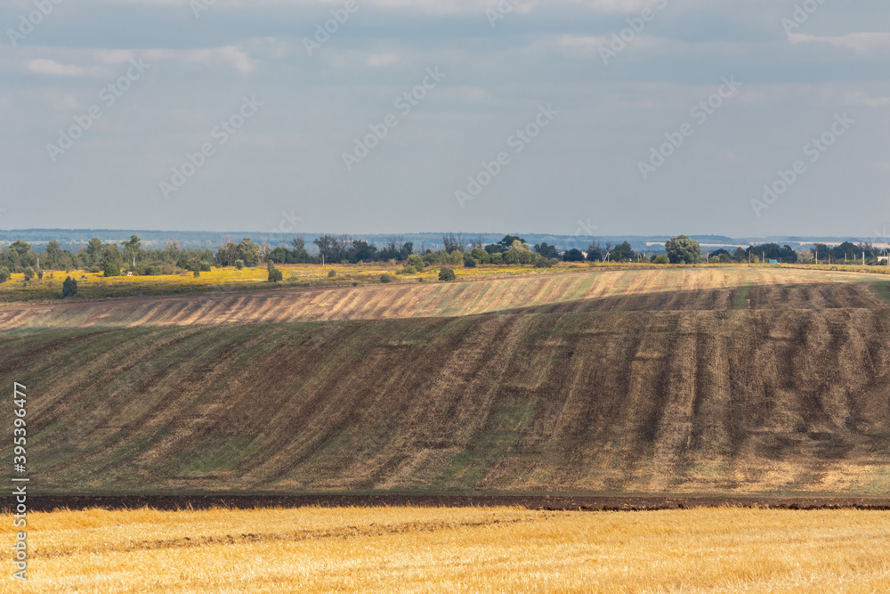Fototapeta premium autumn landscape with harvested and plowed fields and clouds