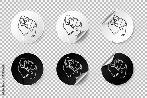 Realistic protest round stickers with curled edge and shadow strong fist raised up. Human arm with clenched fingers badges with rolled corner, line drawing vector illustration. Concept of revolution