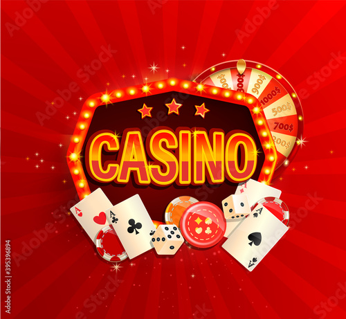 Online casino banner in vintage light frame with poker cards, playing dice, chips, fortune wheel and other gambling design elements. Invitation poster template on shiny background.Vector illustration.