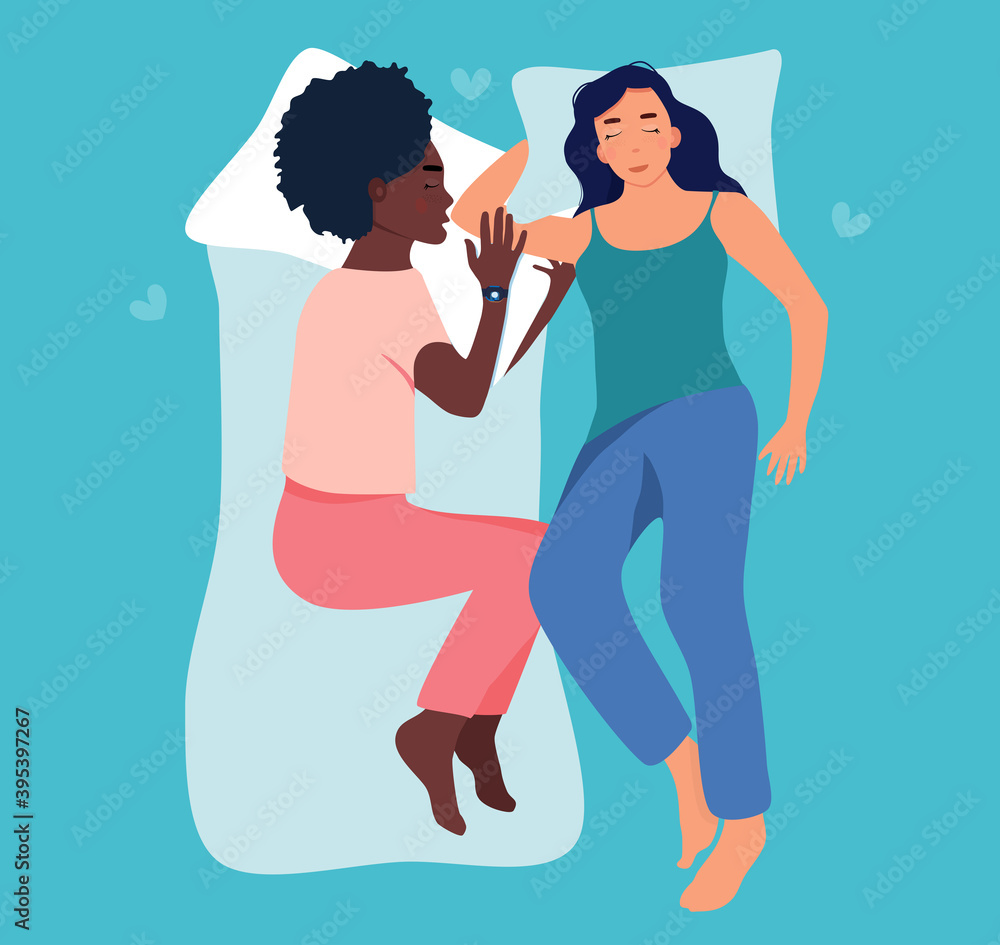 Two women are sleeping together. Gay couple. Interracial relationship.Non Traditional family.Inloved lesbian girls.Slumber party.Dreaming,having rest or relaxing.Caucasian and afro american female Two women are sleeping together. Gay couple. Interracial relationship.Non Traditional family.Inloved lesbian girls.Slumber party.Dreaming,having rest or relaxing.Caucasian and afro american female