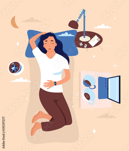Girl is lying on the back with sleeping tracker on her hand.Bedroom interior with furniture,laptop.Weekend or vacation with movies.Device controls quality of dream or slumber during night.Melatonin