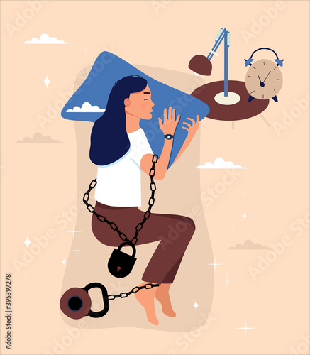 Woman is laying on side and sleeping.Tired girl cannot wake up and go out of the bed.Сhains with a lock and a weight tie her.Apathy,exaustion and depression concept.Burnout,seasonal affective disorder